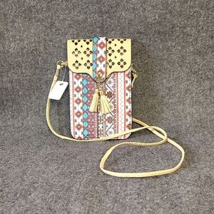Cream & Multicolor Aztec Crossbody Phone Bag with Tassel Accent